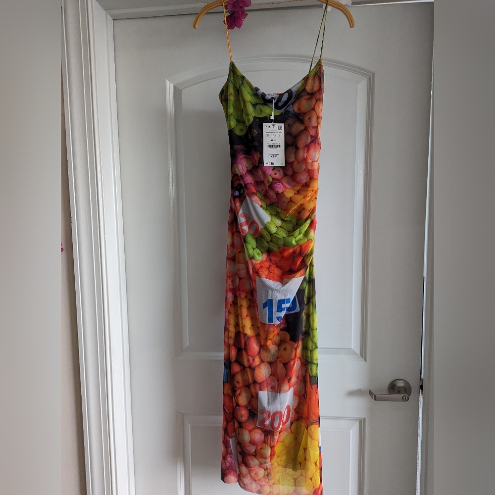 ZARA WATERCOLOR VIBRANT FLORAL FRUIT PRINT MESH MIDI SHEATH SLIP DRESS Size S - Picture 6 of 14